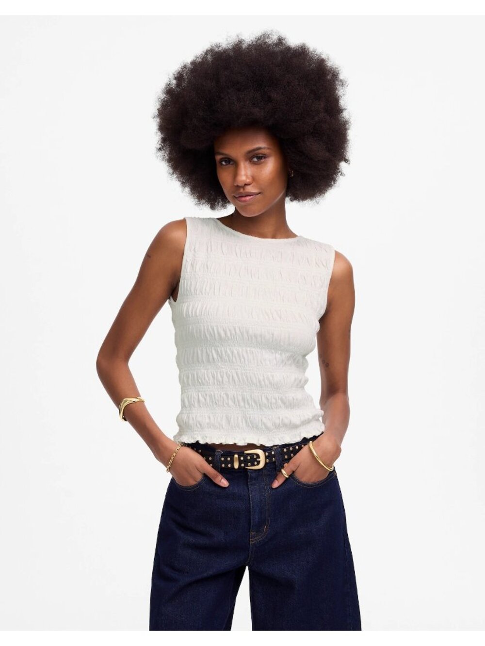 Madewell Smocked Boatneck Tank Top White Women’s Medium Sleeveless Blouse - Picture 3 of 16